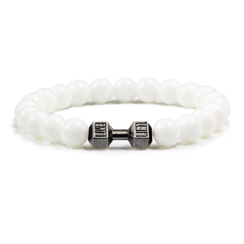 Pulsera de piedra volcánica Natural para hombre, cuentas blancas Lave negras mate, pulseras de hilo con mancuernas, joyería de Fitness con barra para mujer