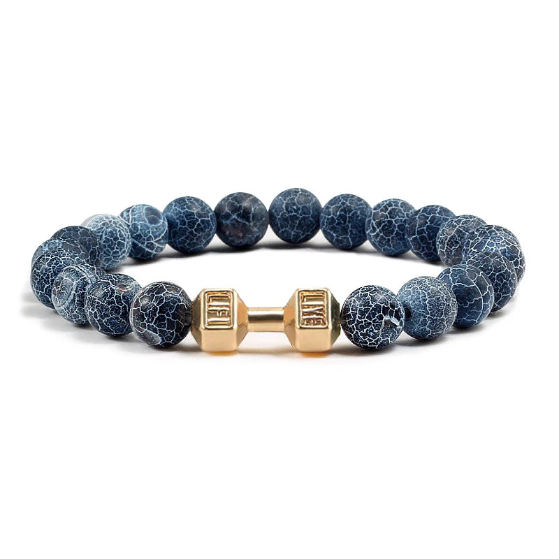 Pulsera de piedra volcánica Natural para hombre, cuentas blancas Lave negras mate, pulseras de hilo con mancuernas, joyería de Fitness con barra para mujer