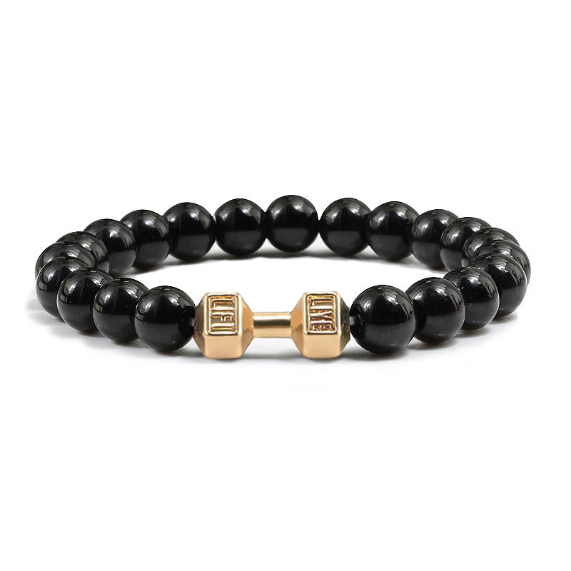 Pulsera de piedra volcánica Natural para hombre, cuentas blancas Lave negras mate, pulseras de hilo con mancuernas, joyería de Fitness con barra para mujer