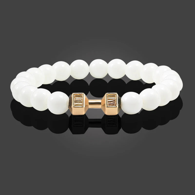 Pulsera de piedra volcánica Natural para hombre, cuentas blancas Lave negras mate, pulseras de hilo con mancuernas, joyería de Fitness con barra para mujer