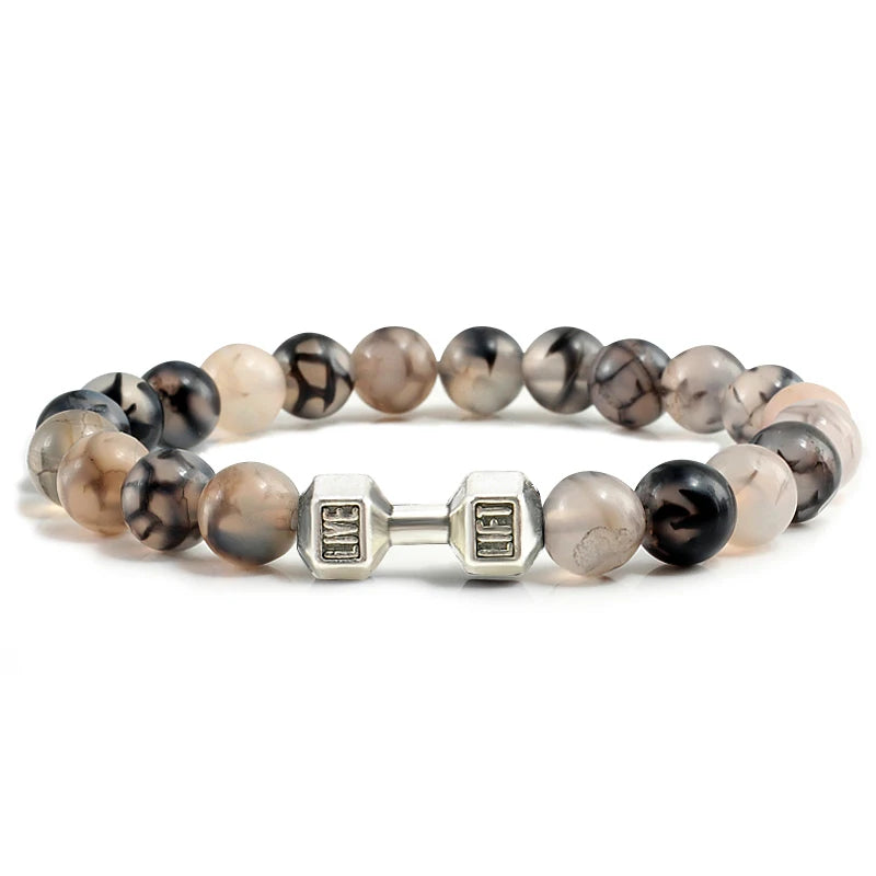 Pulsera de piedra volcánica Natural para hombre, cuentas blancas Lave negras mate, pulseras de hilo con mancuernas, joyería de Fitness con barra para mujer