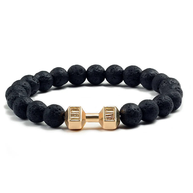 Pulsera de piedra volcánica Natural para hombre, cuentas blancas Lave negras mate, pulseras de hilo con mancuernas, joyería de Fitness con barra para mujer