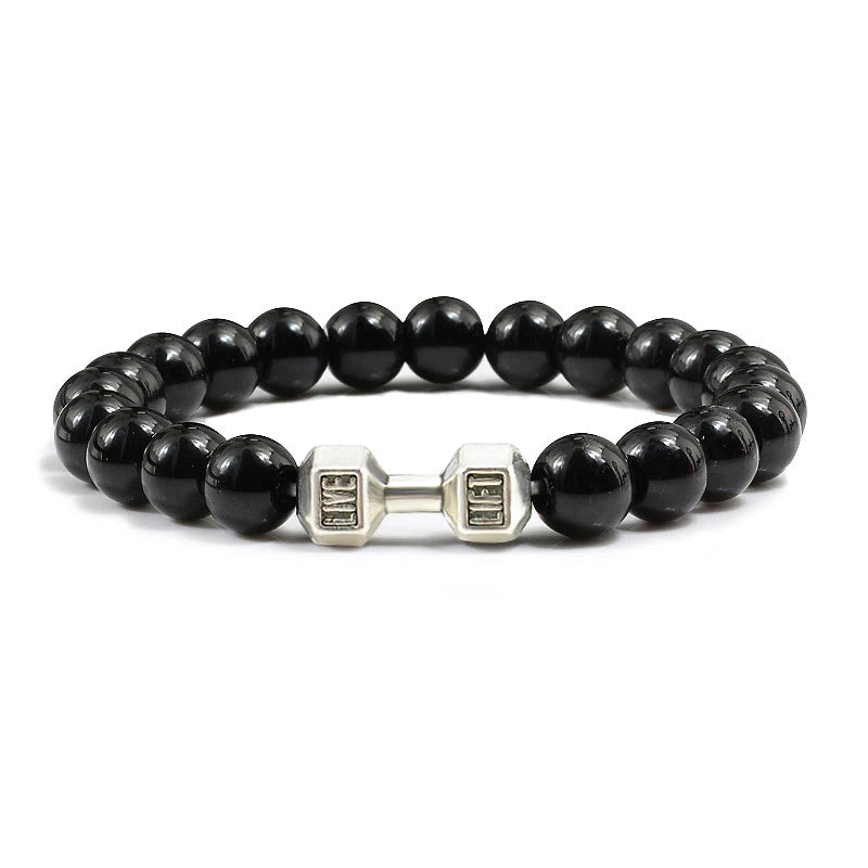 Pulsera de piedra volcánica Natural para hombre, cuentas blancas Lave negras mate, pulseras de hilo con mancuernas, joyería de Fitness con barra para mujer