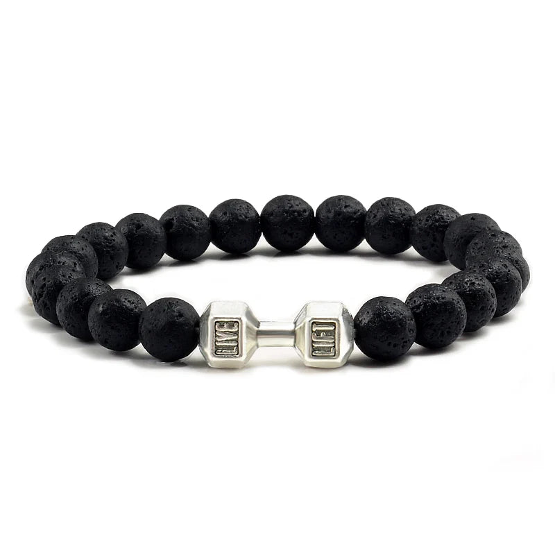 Pulsera de piedra volcánica Natural para hombre, cuentas blancas Lave negras mate, pulseras de hilo con mancuernas, joyería de Fitness con barra para mujer