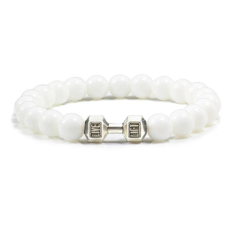 Pulsera de piedra volcánica Natural para hombre, cuentas blancas Lave negras mate, pulseras de hilo con mancuernas, joyería de Fitness con barra para mujer
