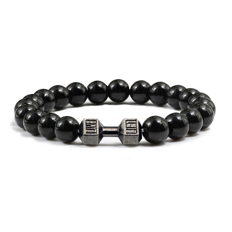 Pulsera de piedra volcánica Natural para hombre, cuentas blancas Lave negras mate, pulseras de hilo con mancuernas, joyería de Fitness con barra para mujer
