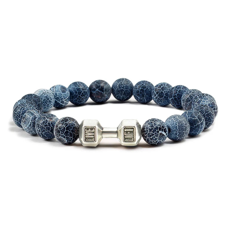 Pulsera de piedra volcánica Natural para hombre, cuentas blancas Lave negras mate, pulseras de hilo con mancuernas, joyería de Fitness con barra para mujer