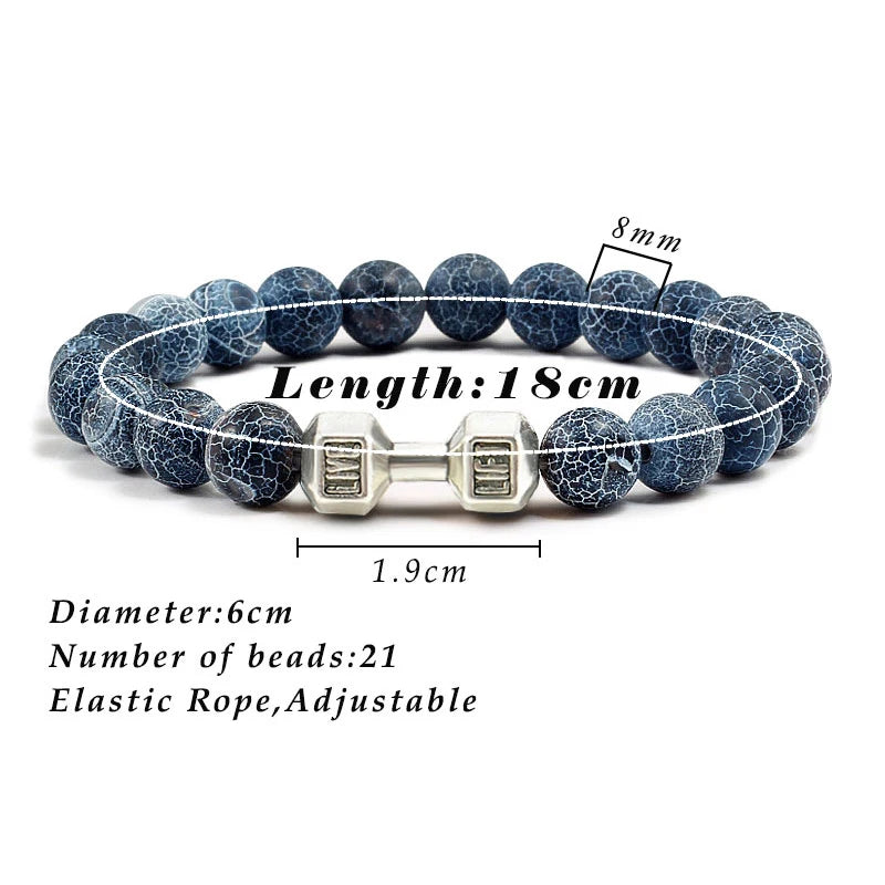 Pulsera de piedra volcánica Natural para hombre, cuentas blancas Lave negras mate, pulseras de hilo con mancuernas, joyería de Fitness con barra para mujer