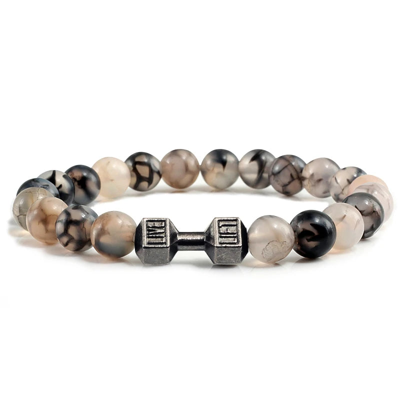 Pulsera de piedra volcánica Natural para hombre, cuentas blancas Lave negras mate, pulseras de hilo con mancuernas, joyería de Fitness con barra para mujer