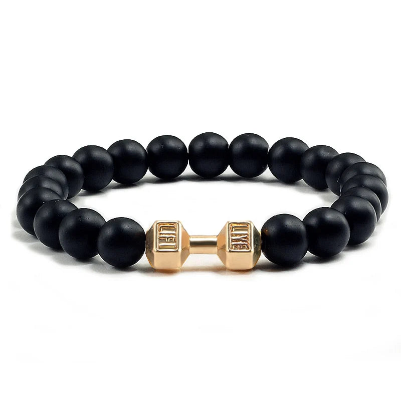 Pulsera de piedra volcánica Natural para hombre, cuentas blancas Lave negras mate, pulseras de hilo con mancuernas, joyería de Fitness con barra para mujer