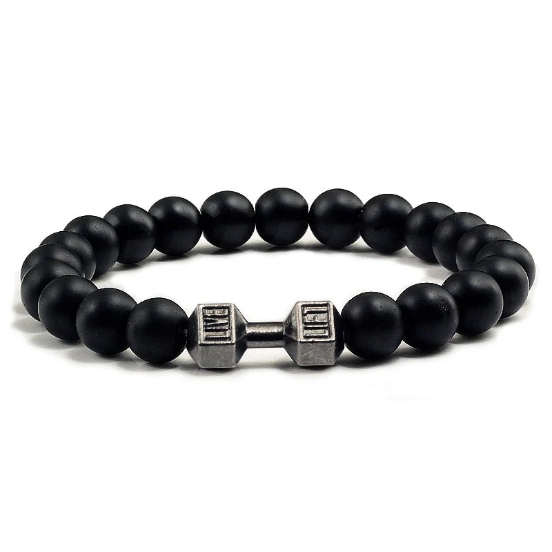 Pulsera de piedra volcánica Natural para hombre, cuentas blancas Lave negras mate, pulseras de hilo con mancuernas, joyería de Fitness con barra para mujer