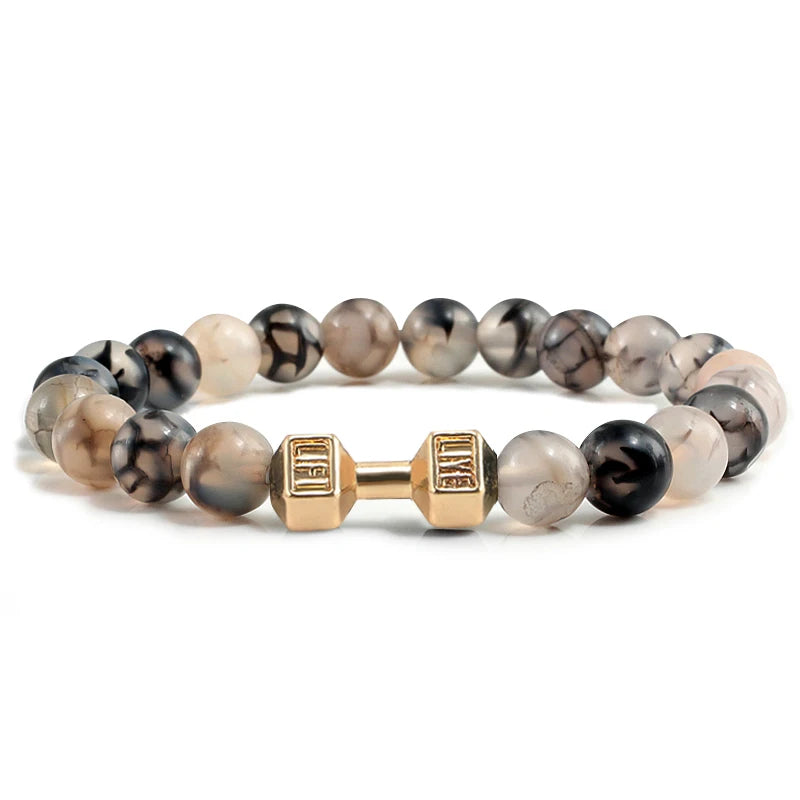 Pulsera de piedra volcánica Natural para hombre, cuentas blancas Lave negras mate, pulseras de hilo con mancuernas, joyería de Fitness con barra para mujer