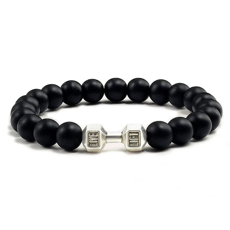 Pulsera de piedra volcánica Natural para hombre, cuentas blancas Lave negras mate, pulseras de hilo con mancuernas, joyería de Fitness con barra para mujer