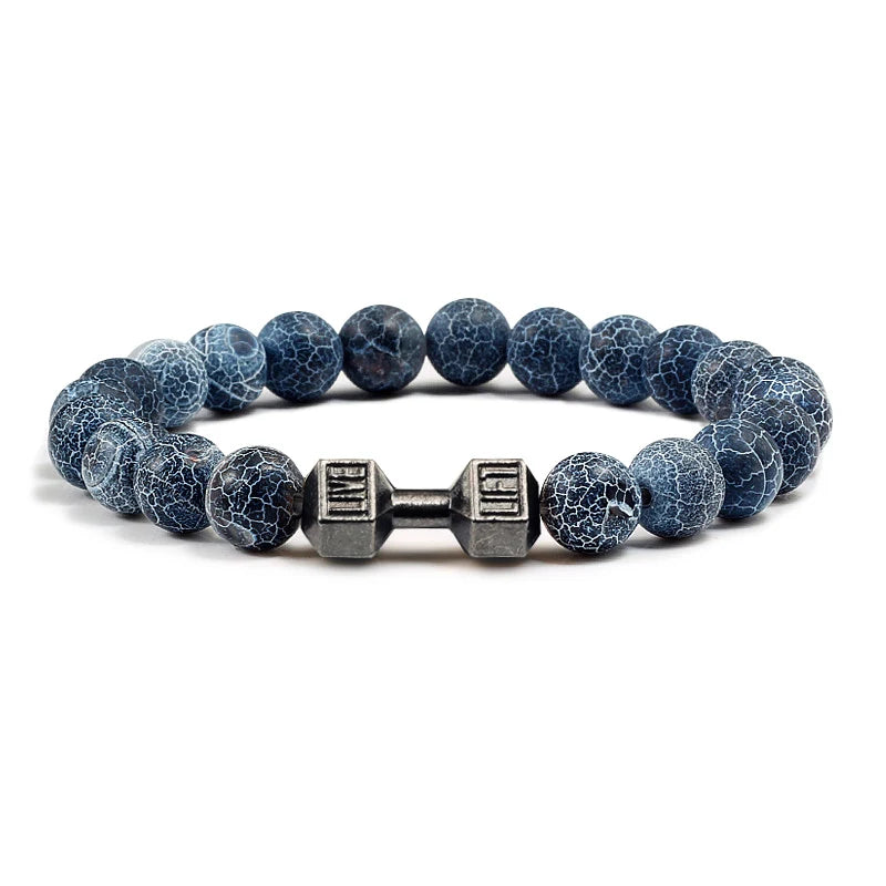 Pulsera de piedra volcánica Natural para hombre, cuentas blancas Lave negras mate, pulseras de hilo con mancuernas, joyería de Fitness con barra para mujer