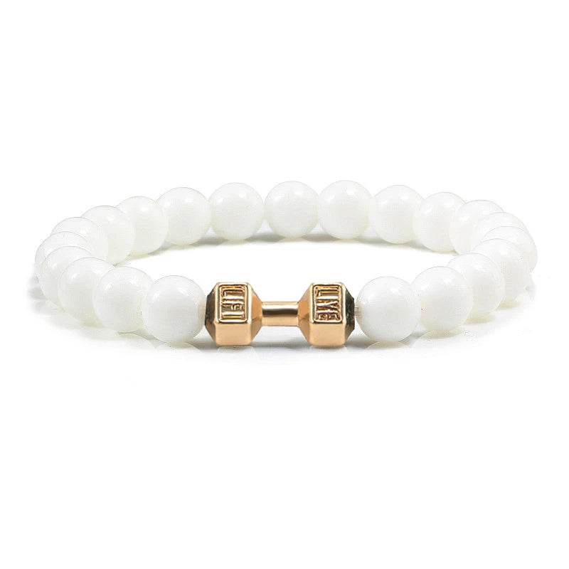 Pulsera de piedra volcánica Natural para hombre, cuentas blancas Lave negras mate, pulseras de hilo con mancuernas, joyería de Fitness con barra para mujer
