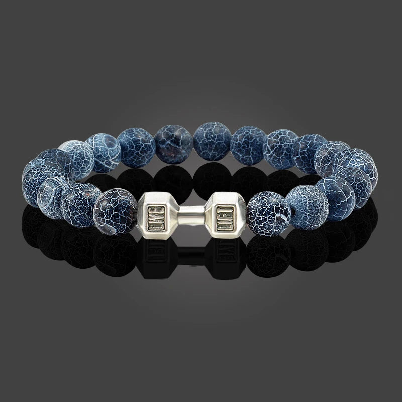 Pulsera de piedra volcánica Natural para hombre, cuentas blancas Lave negras mate, pulseras de hilo con mancuernas, joyería de Fitness con barra para mujer