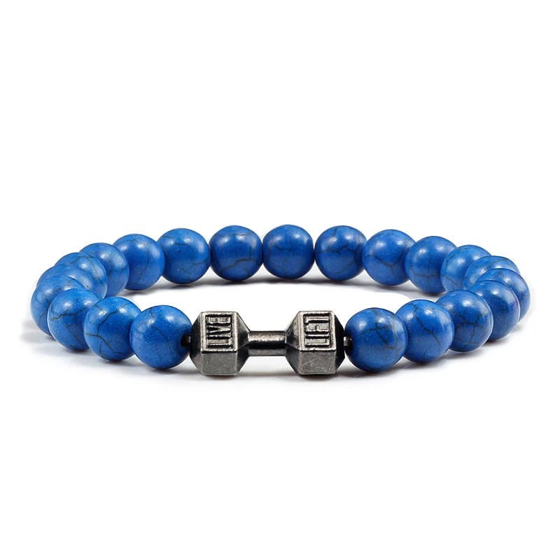 Pulsera de piedra volcánica Natural para hombre, cuentas blancas Lave negras mate, pulseras de hilo con mancuernas, joyería de Fitness con barra para mujer