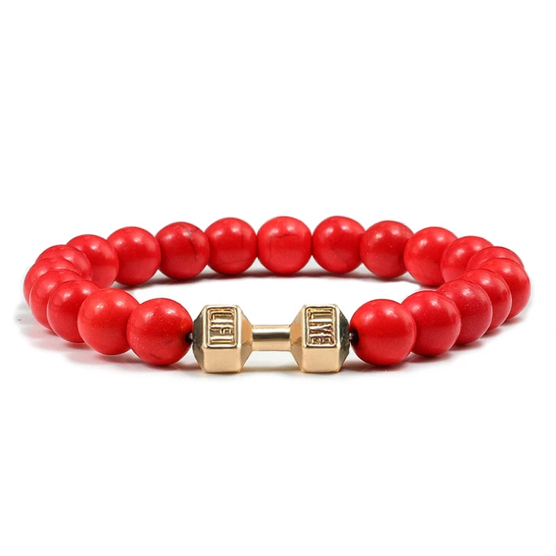 Pulsera de piedra volcánica Natural para hombre, cuentas blancas Lave negras mate, pulseras de hilo con mancuernas, joyería de Fitness con barra para mujer