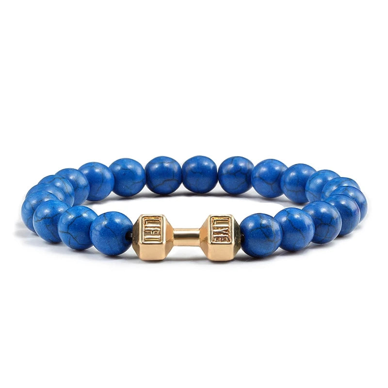 Pulsera de piedra volcánica Natural para hombre, cuentas blancas Lave negras mate, pulseras de hilo con mancuernas, joyería de Fitness con barra para mujer