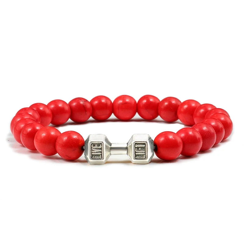 Pulsera de piedra volcánica Natural para hombre, cuentas blancas Lave negras mate, pulseras de hilo con mancuernas, joyería de Fitness con barra para mujer