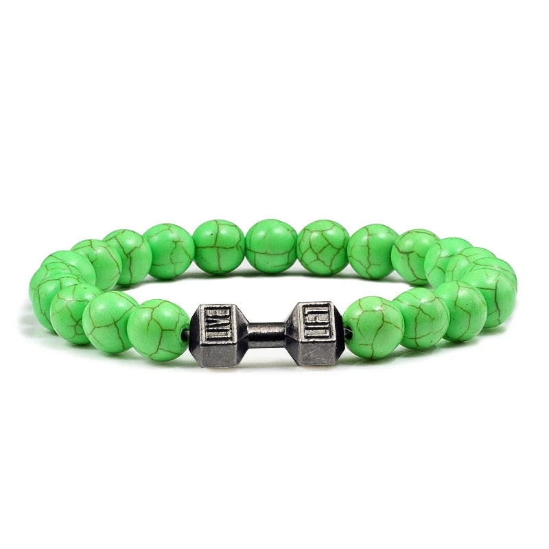 Pulsera de piedra volcánica Natural para hombre, cuentas blancas Lave negras mate, pulseras de hilo con mancuernas, joyería de Fitness con barra para mujer
