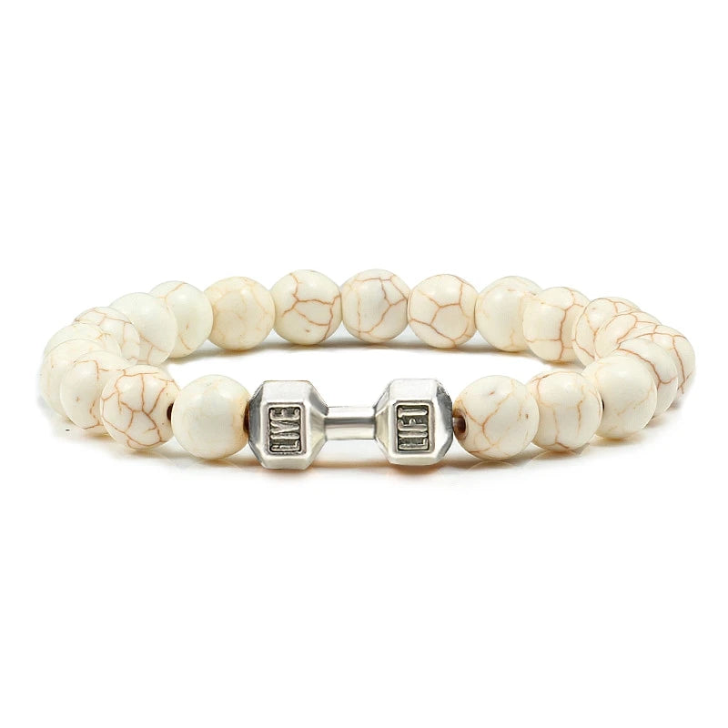 Pulsera de piedra volcánica Natural para hombre, cuentas blancas Lave negras mate, pulseras de hilo con mancuernas, joyería de Fitness con barra para mujer