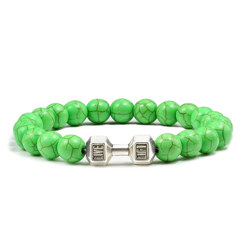 Pulsera de piedra volcánica Natural para hombre, cuentas blancas Lave negras mate, pulseras de hilo con mancuernas, joyería de Fitness con barra para mujer