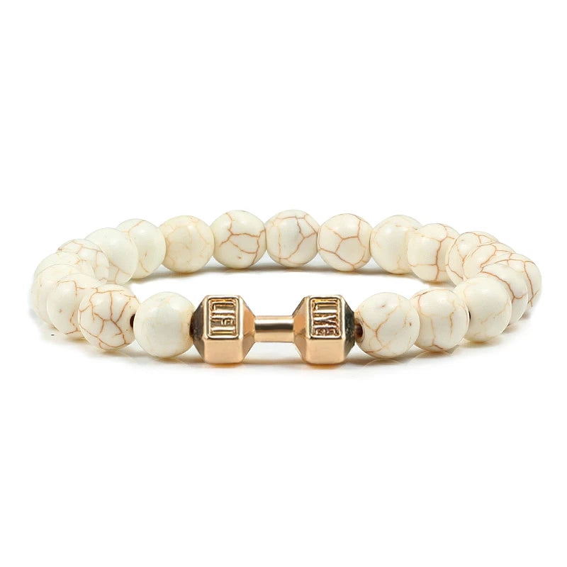 Pulsera de piedra volcánica Natural para hombre, cuentas blancas Lave negras mate, pulseras de hilo con mancuernas, joyería de Fitness con barra para mujer