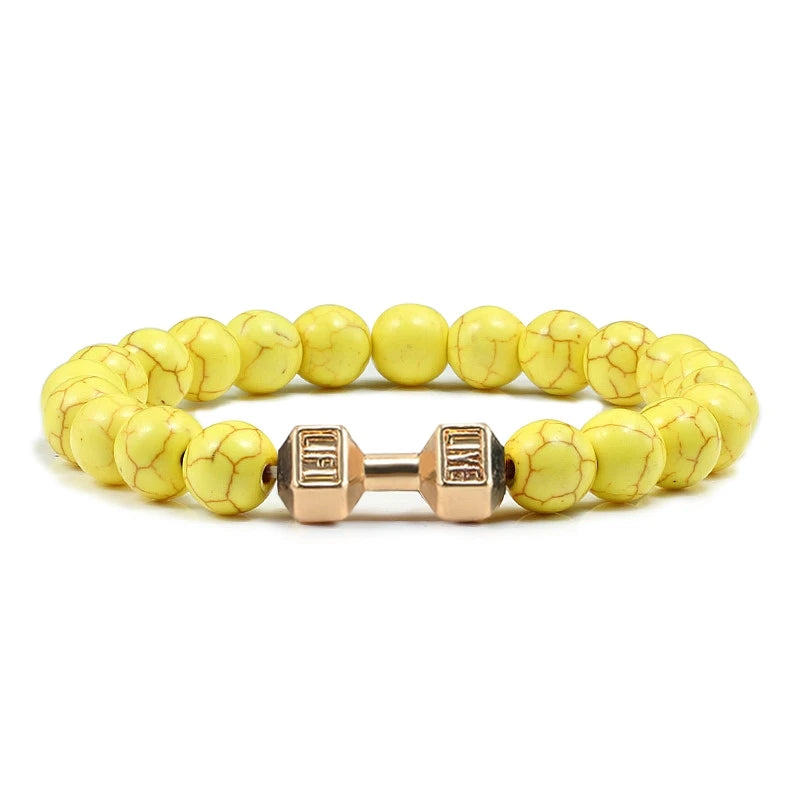 Pulsera de piedra volcánica Natural para hombre, cuentas blancas Lave negras mate, pulseras de hilo con mancuernas, joyería de Fitness con barra para mujer