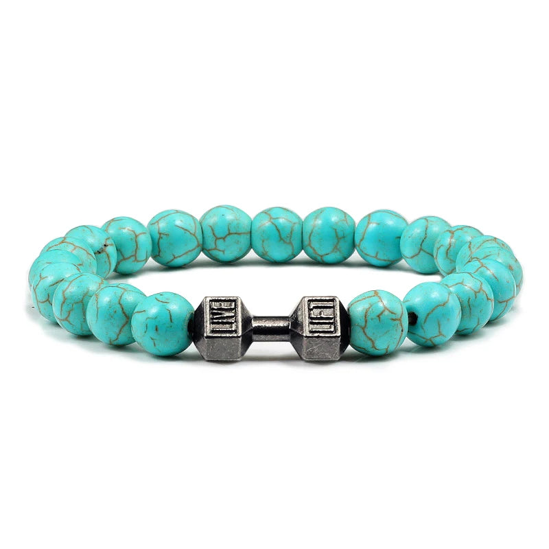 Pulsera de piedra volcánica Natural para hombre, cuentas blancas Lave negras mate, pulseras de hilo con mancuernas, joyería de Fitness con barra para mujer
