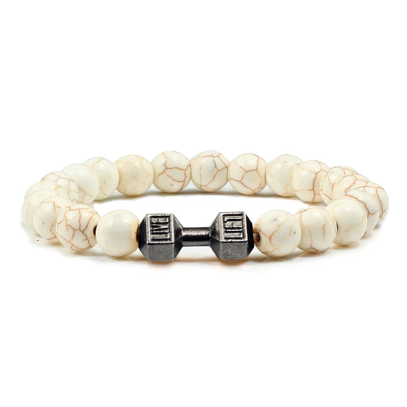 Pulsera de piedra volcánica Natural para hombre, cuentas blancas Lave negras mate, pulseras de hilo con mancuernas, joyería de Fitness con barra para mujer