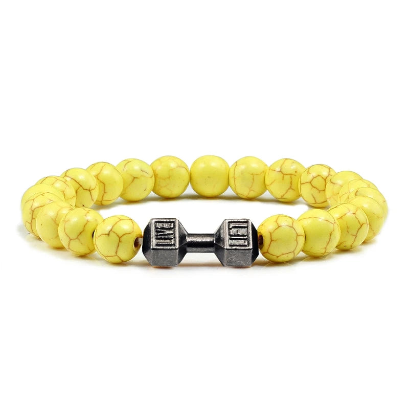 Pulsera de piedra volcánica Natural para hombre, cuentas blancas Lave negras mate, pulseras de hilo con mancuernas, joyería de Fitness con barra para mujer