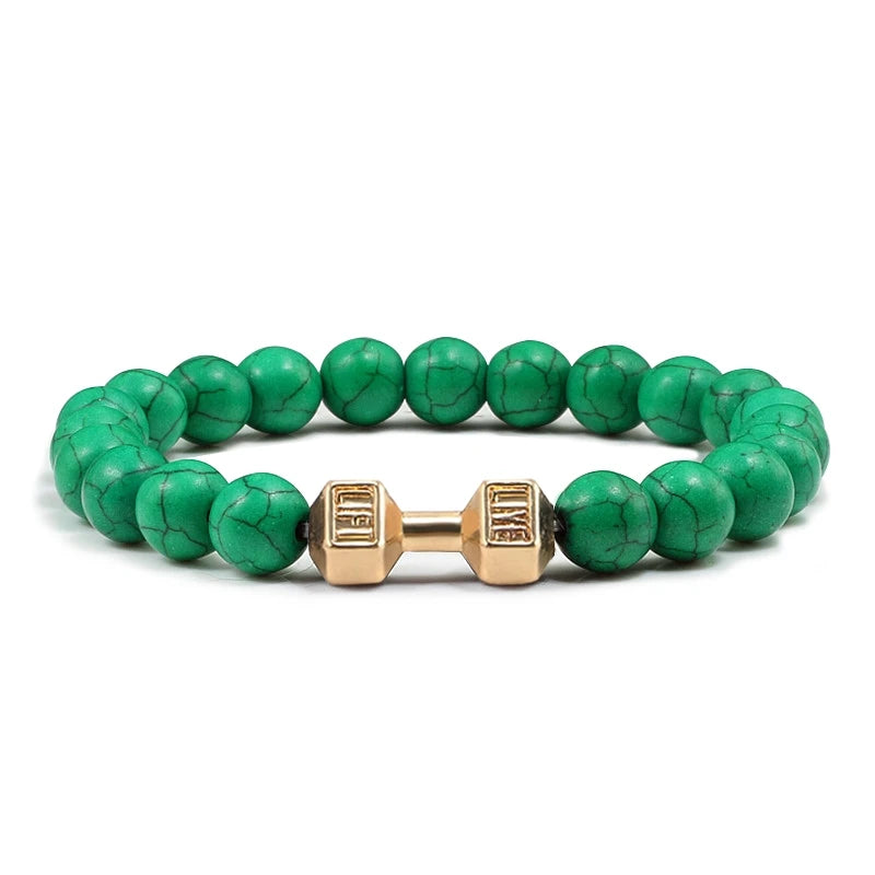 Pulsera de piedra volcánica Natural para hombre, cuentas blancas Lave negras mate, pulseras de hilo con mancuernas, joyería de Fitness con barra para mujer