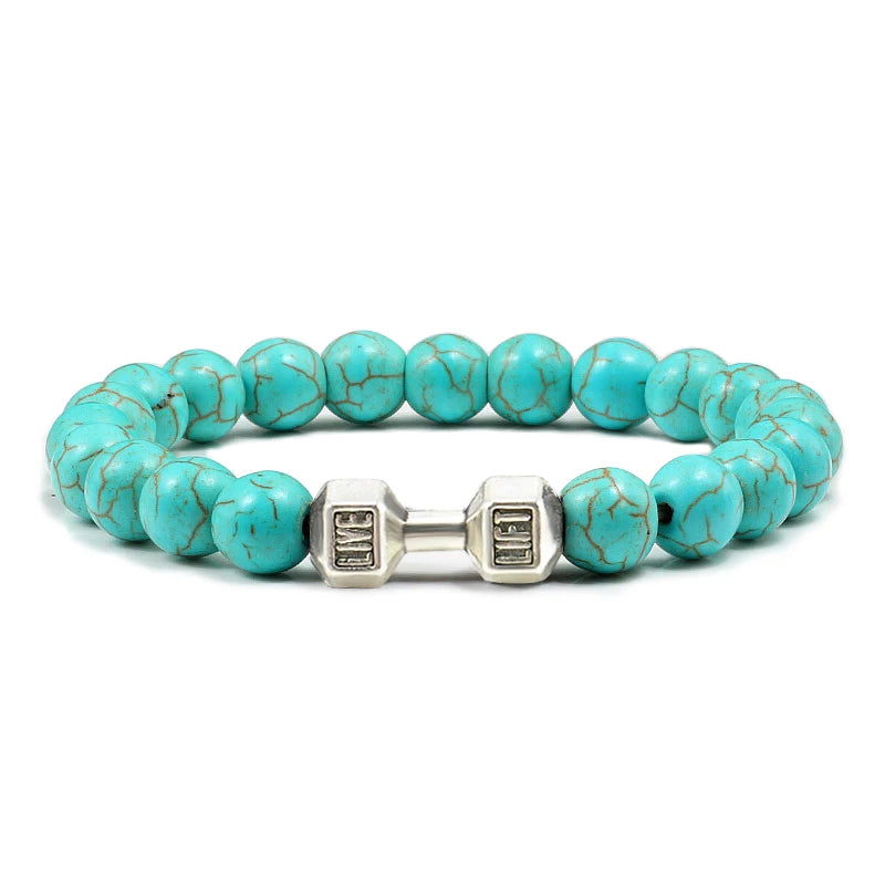 Pulsera de piedra volcánica Natural para hombre, cuentas blancas Lave negras mate, pulseras de hilo con mancuernas, joyería de Fitness con barra para mujer