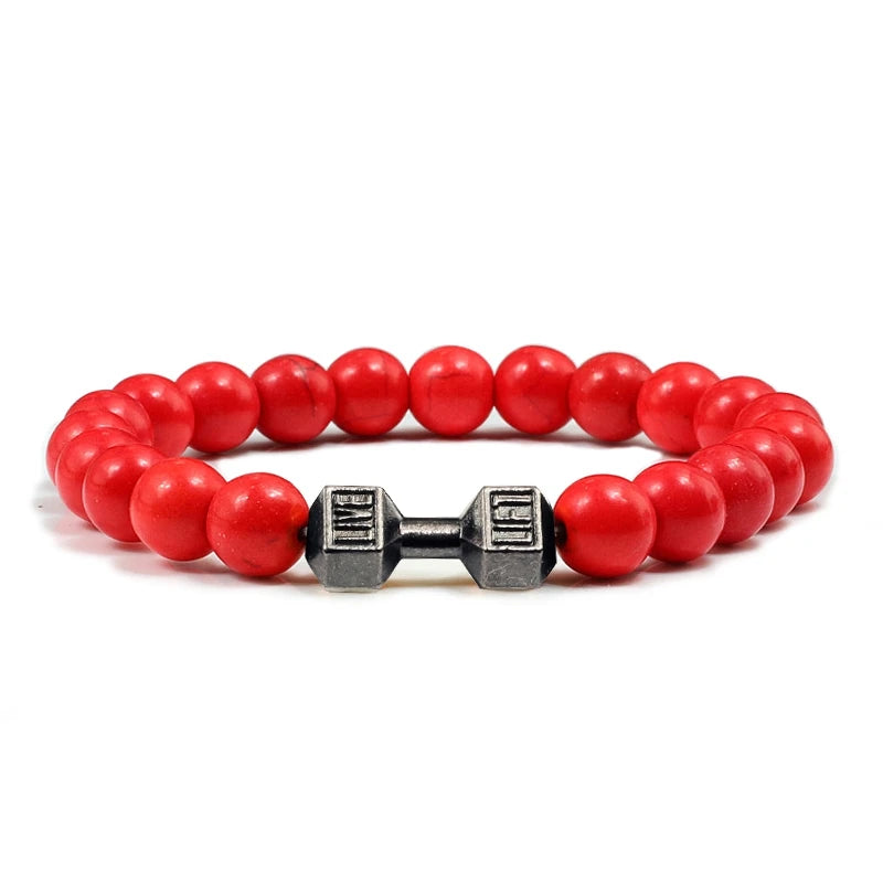 Pulsera de piedra volcánica Natural para hombre, cuentas blancas Lave negras mate, pulseras de hilo con mancuernas, joyería de Fitness con barra para mujer