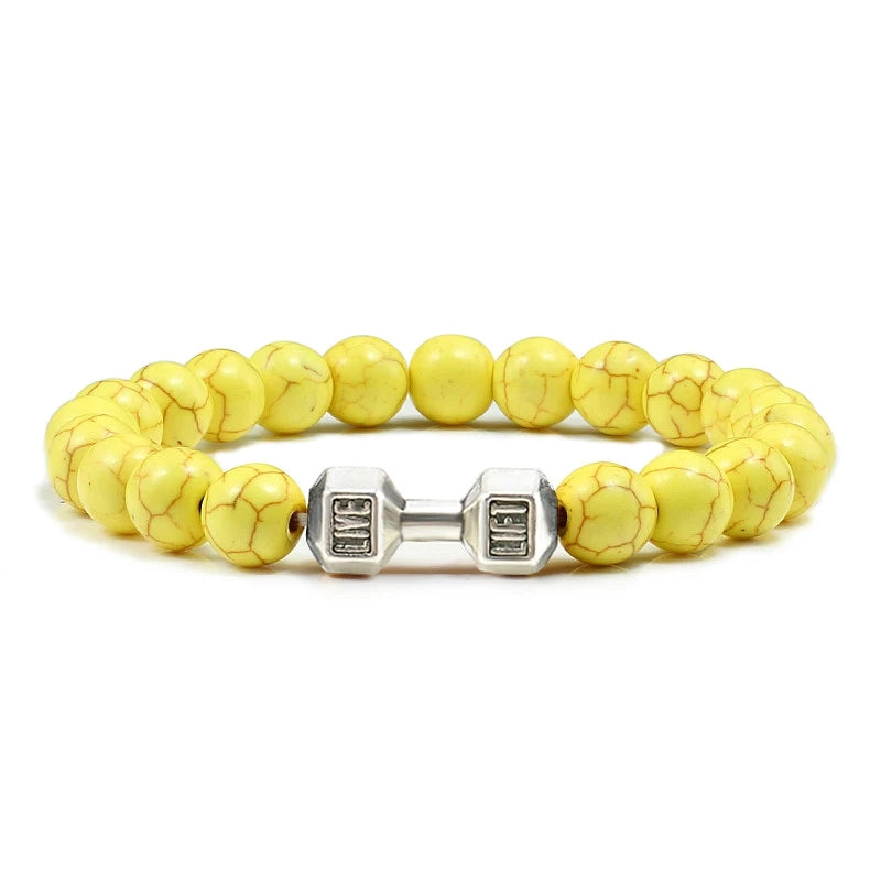 Pulsera de piedra volcánica Natural para hombre, cuentas blancas Lave negras mate, pulseras de hilo con mancuernas, joyería de Fitness con barra para mujer