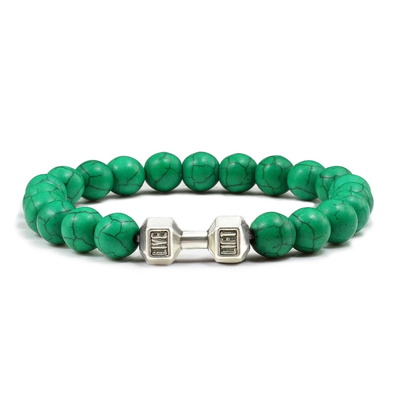 Pulsera de piedra volcánica Natural para hombre, cuentas blancas Lave negras mate, pulseras de hilo con mancuernas, joyería de Fitness con barra para mujer